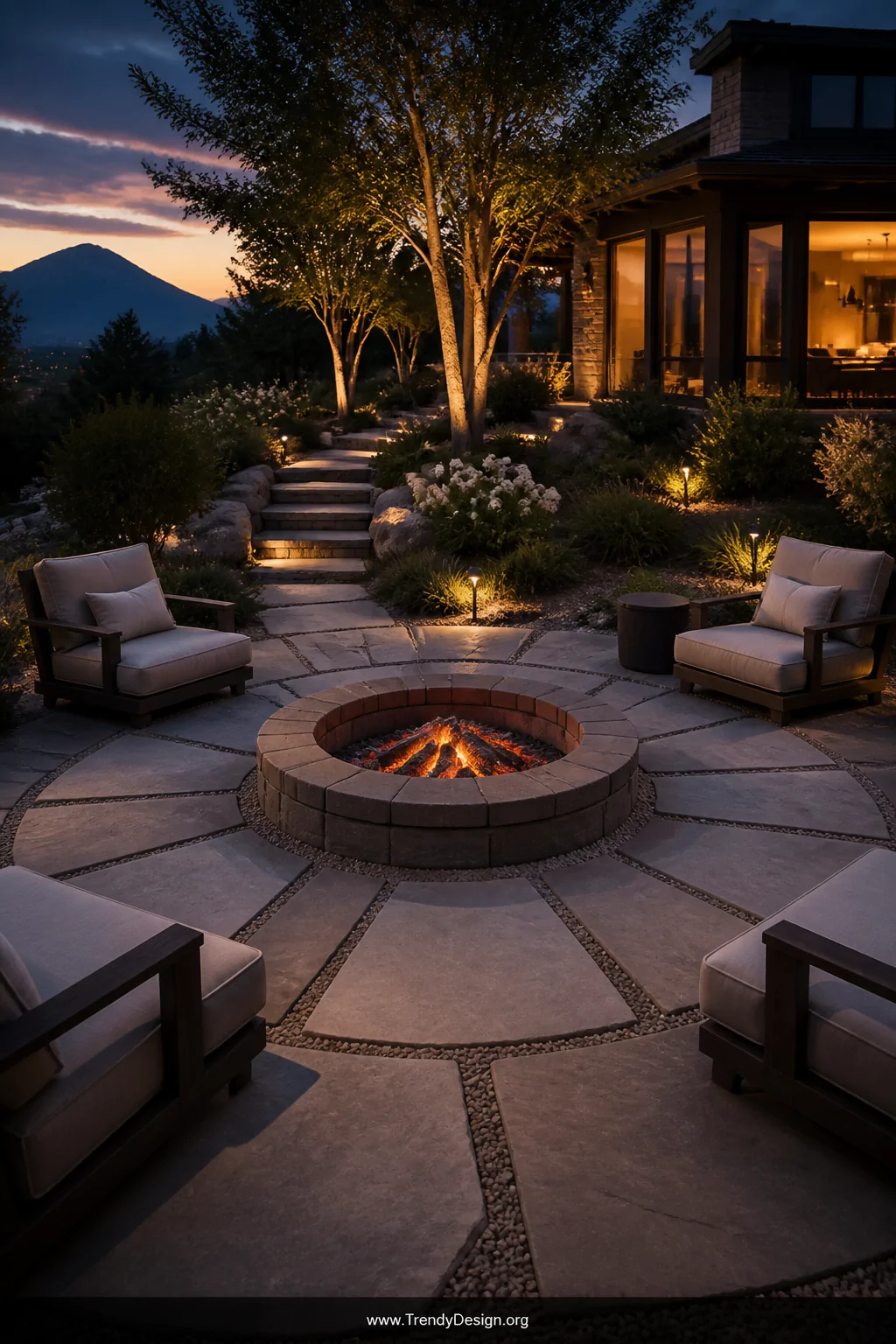 Medium photorealistic shot of a circular fire pit surrounded by flat irregularly shaped flagstone pavers arranged in a precis