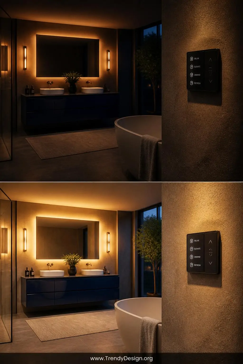 A wide moody evening-atmosphere bathroom shot demonstrating dual dimmer settings, the vanity area glowing in a soft warm ambe