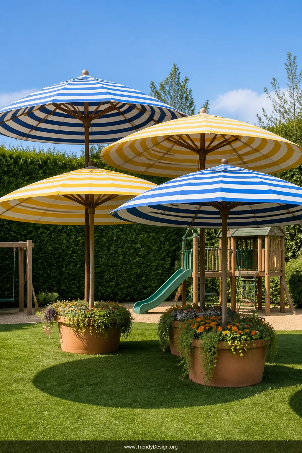 Wide photorealistic shot of a whimsical cluster of four large outdoor patio umbrellas in striped patterns of cobalt blue, sun