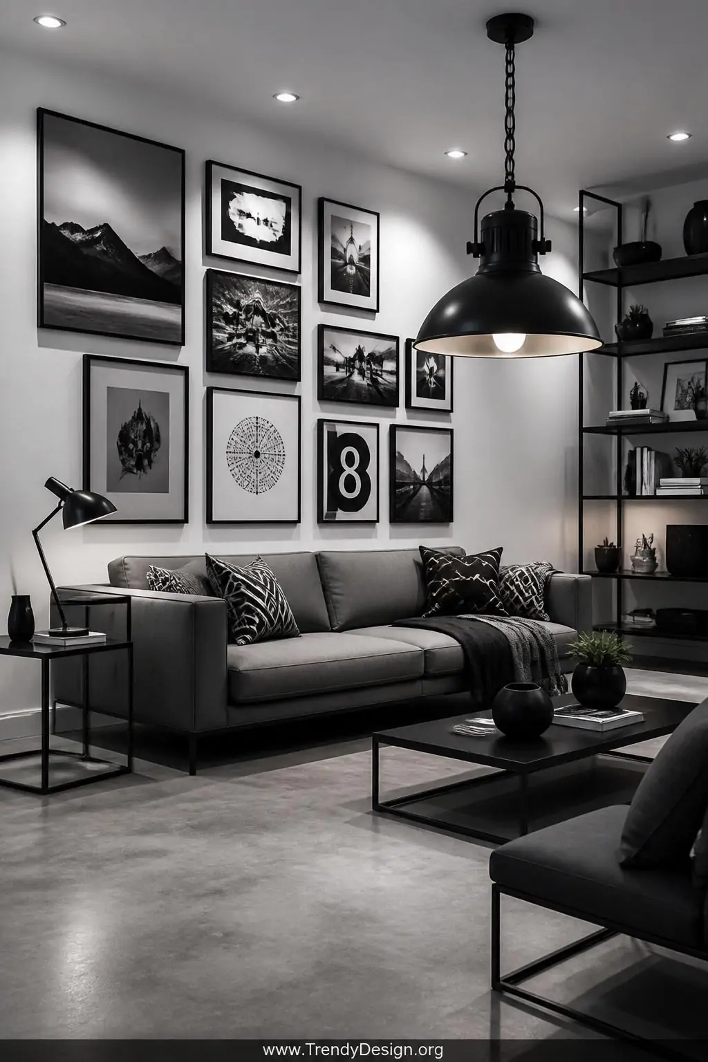 Wide photorealistic interior photograph of a sharp high-contrast living room featuring cool grey matte concrete-look floors a