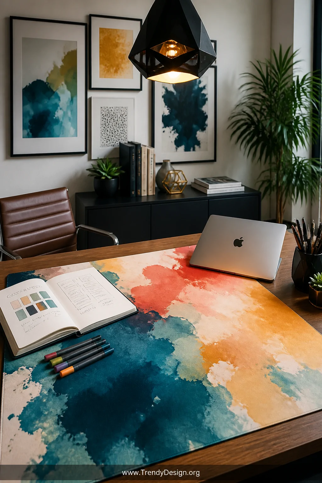 A medium shot of a vibrant creative workspace featuring a bold abstract watercolor splash desk pad in deep teal, coral, and g