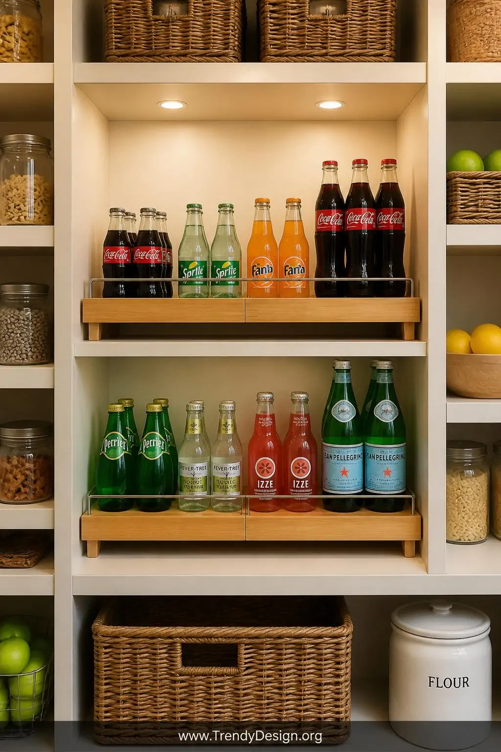 A two-tiered bamboo riser shelf organizer sits inside a deep kitchen pantry, its warm honey-toned slats holding an assortment