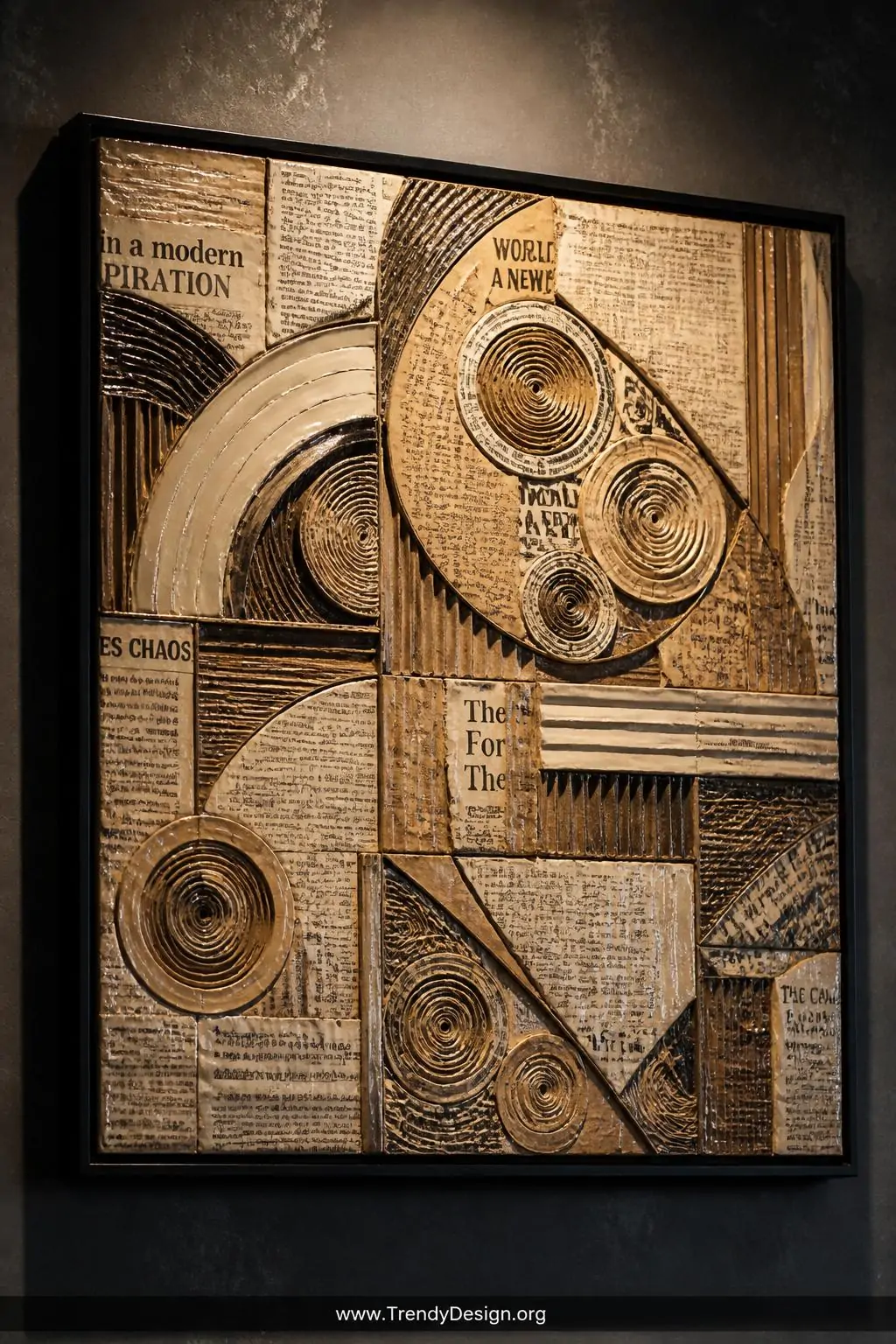 A gallery-style closeup of a framed cardboard and newspaper mosaic wall art piece mounted on a warm charcoal grey textured pl