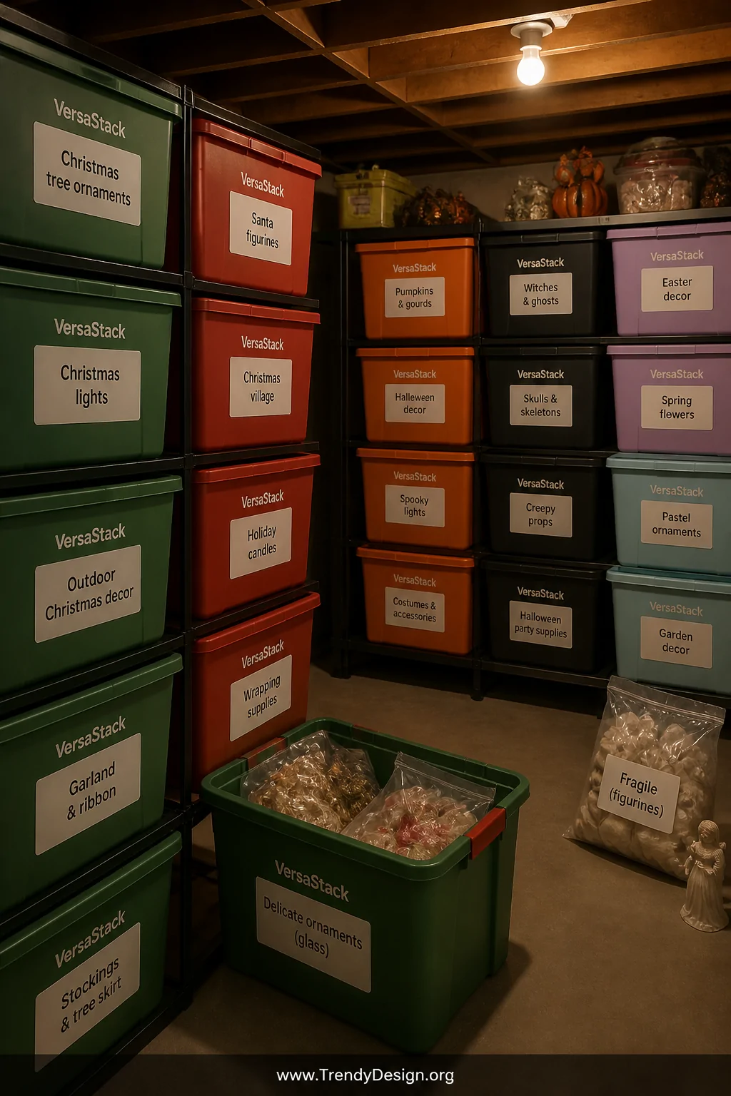 Wide photorealistic shot of a dim but organized basement storage area featuring a dedicated Versastack seasonal decor system 