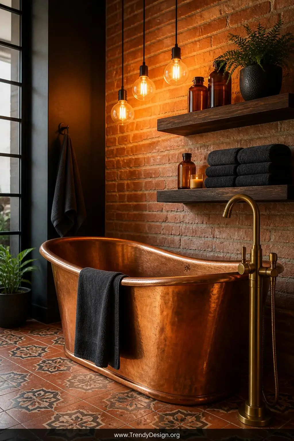 Medium shot of a richly atmospheric bathroom featuring a hammered copper freestanding bathtub glowing warmly against an expos