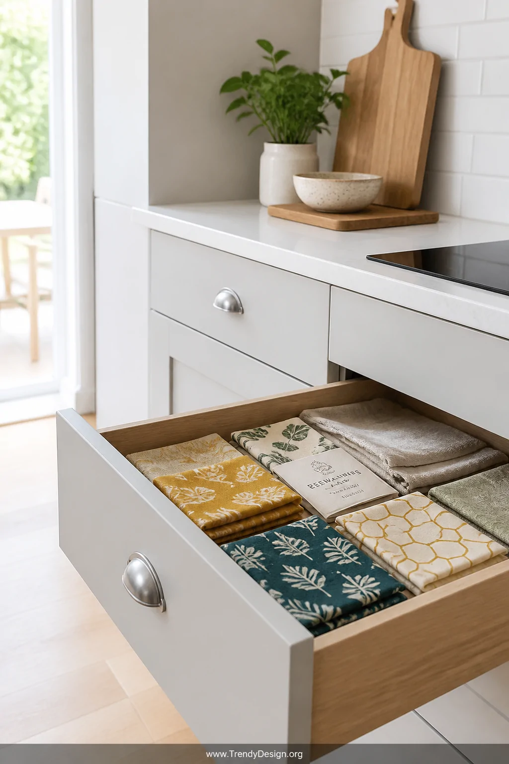 Medium shot of a bright Scandinavian-style kitchen drawer slightly open, revealing neatly folded beeswax wraps in bold botani