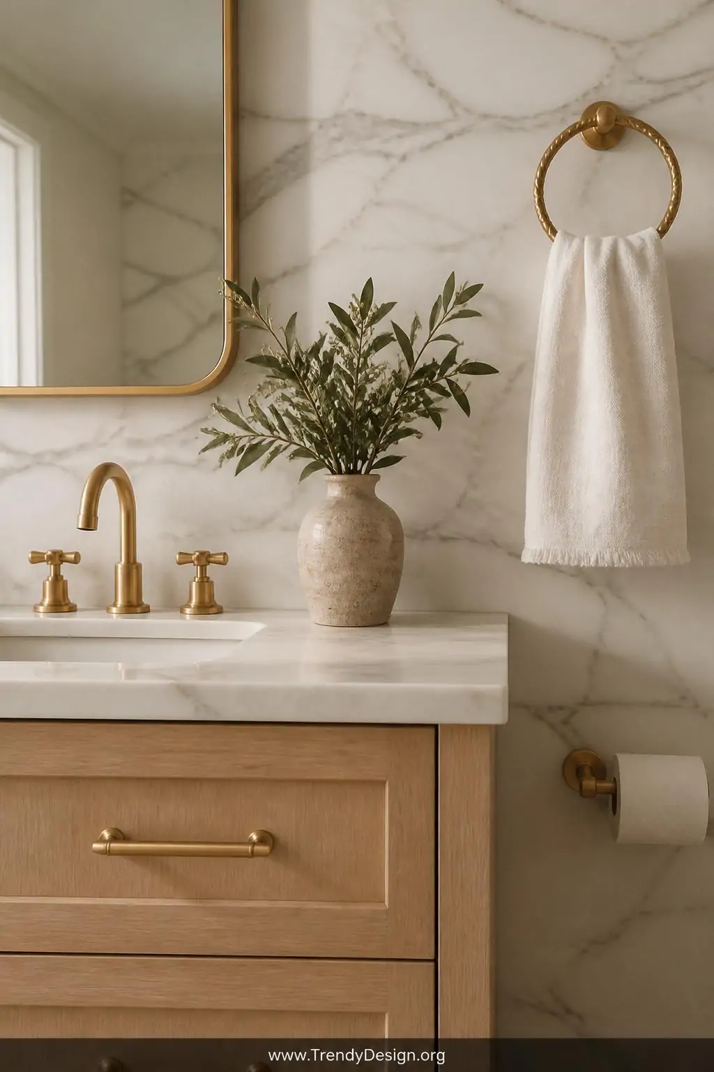 Closeup shot of a powder room vanity vignette showcasing a cohesive collection of unlacquered brass hardware including a cros