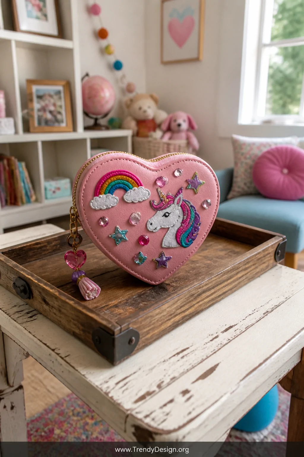 Medium shot of a small heart-shaped coin purse with a gold zipper pull resting on a rustic thrift-store wooden tray, decorate