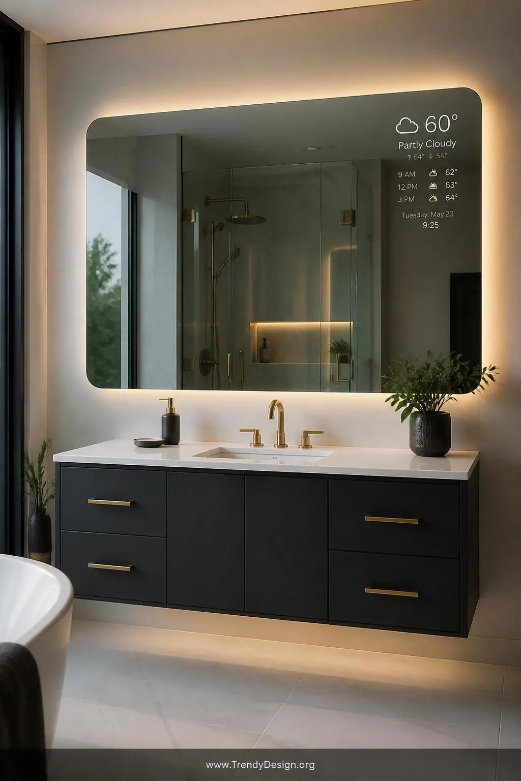 A frameless smart bathroom mirror with a subtle touchscreen interface glowing softly in the upper corner displaying a minimal