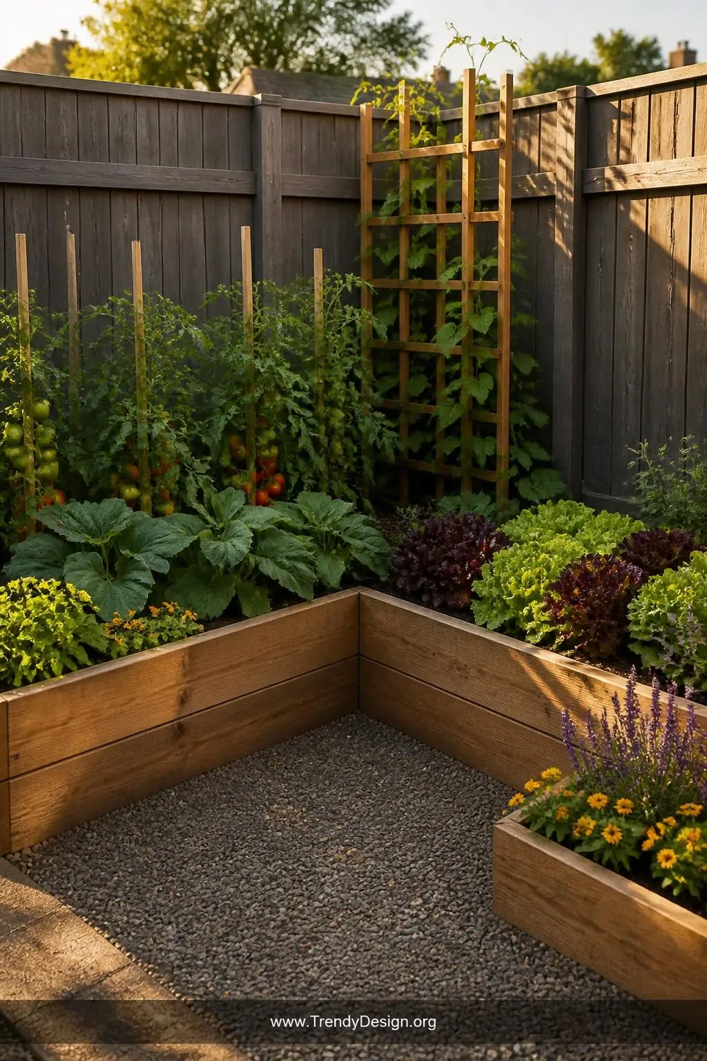 A wide photorealistic shot of a beautifully planted L-shaped raised timber garden bed tucked snugly into a fence corner, one 