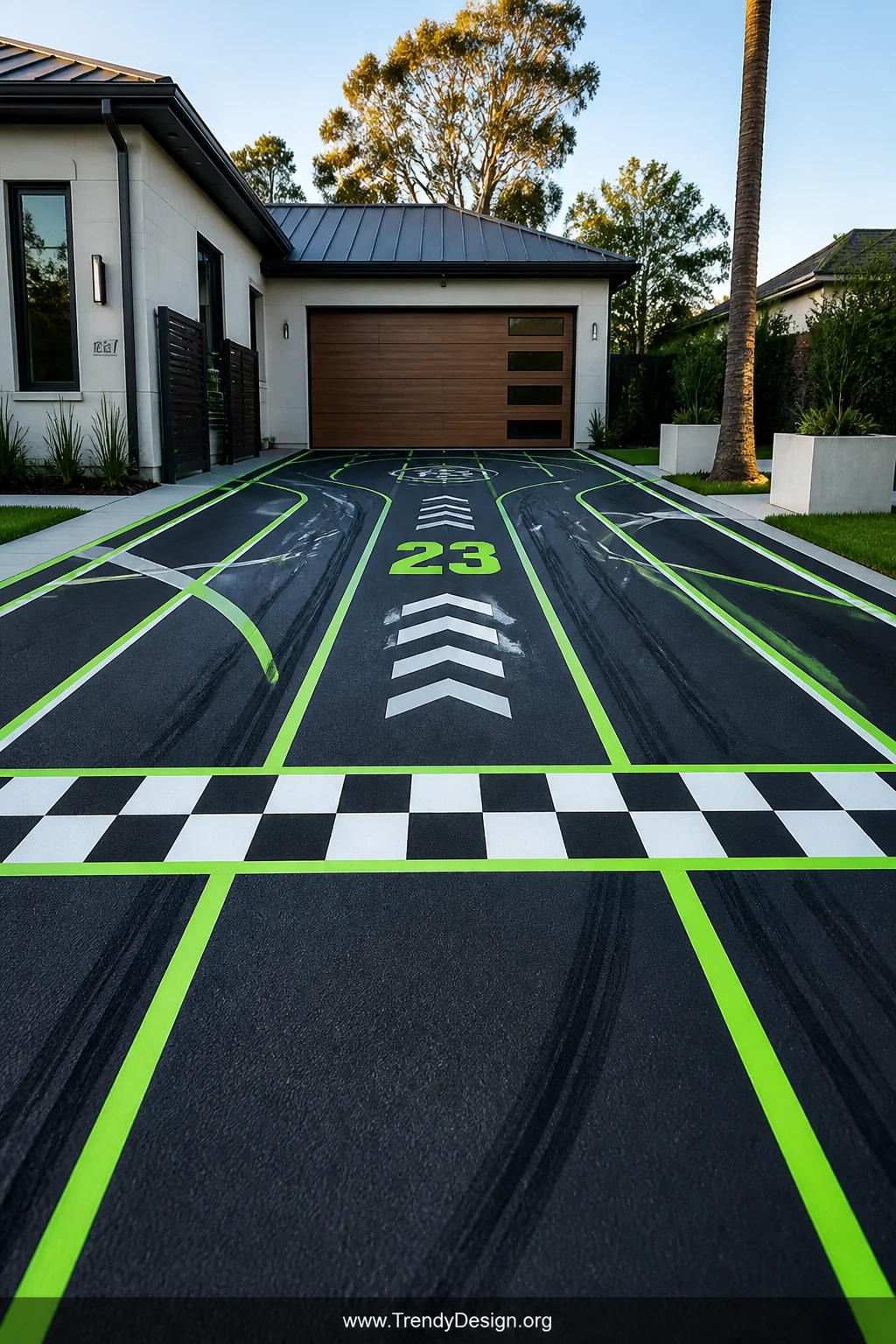 A freshly painted concrete driveway transformed into a bold permanent racing circuit, featuring crisp neon green lane lines a