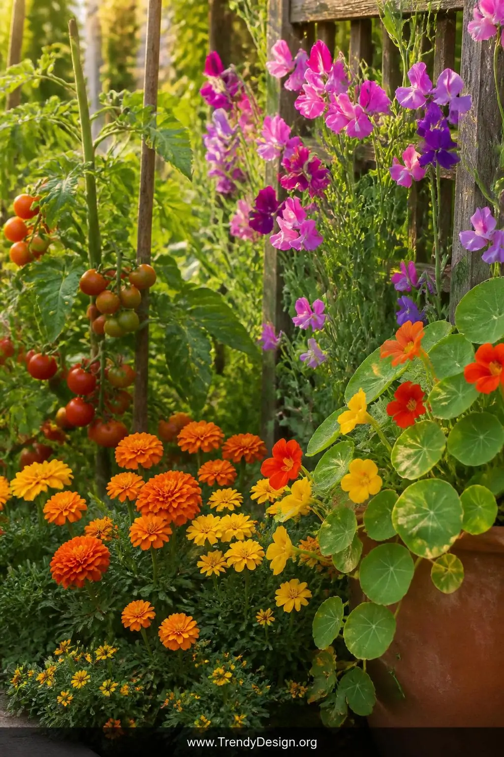 Closeup shot of a kitchen garden flower border where bright orange and yellow marigolds grow tightly alongside deep red tomat
