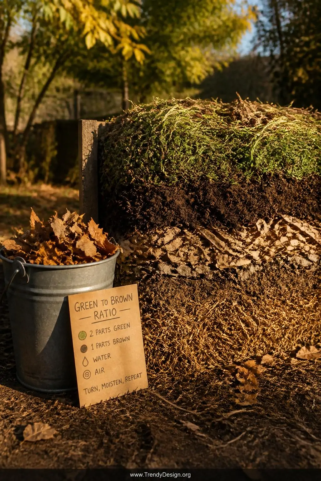 A large open backyard compost pile dramatically cross-sectioned to reveal distinct horizontal layers of bright green grass cl