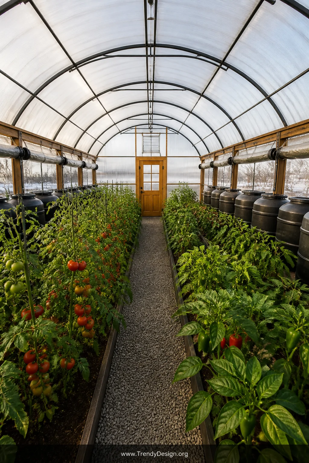 Wide interior shot of a permanent year-round hoop house with a solid anchored foundation, twin-wall polycarbonate panels glow
