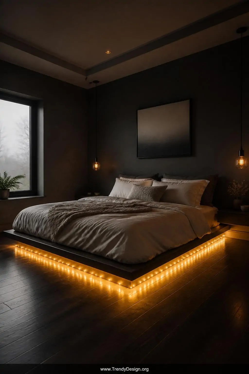 Wide shot of a low platform bed in a moody darkened bedroom with a continuous strand of warm golden fairy lights tucked along