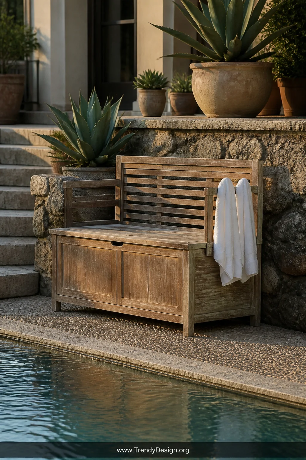 A wide shot of a weathered teak outdoor storage bench with a slatted towel rack built into its back panel, positioned at the 