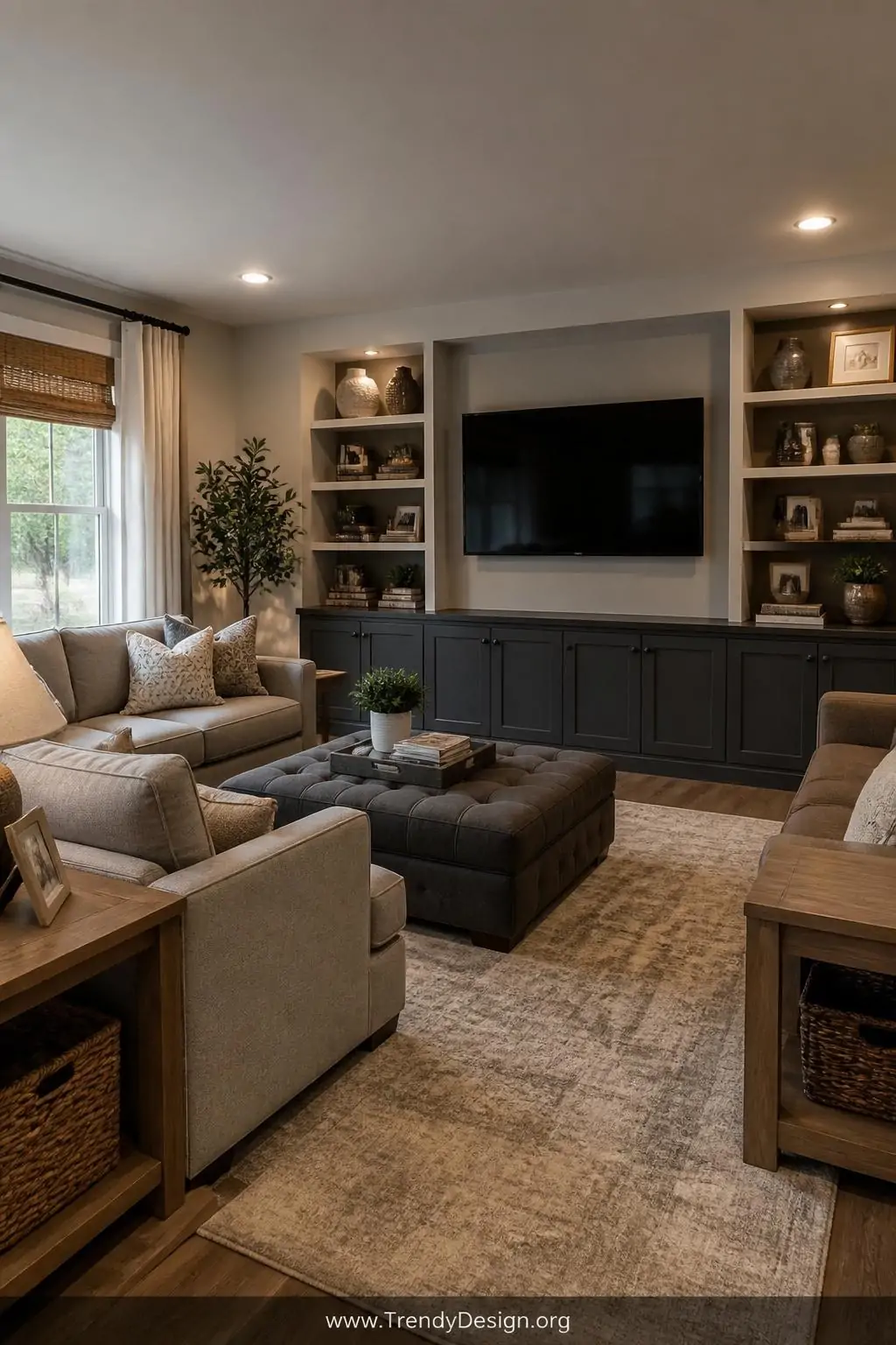 Medium photorealistic interior design shot of a hardworking yet stylish family room built around a gray sofa, featuring a lar
