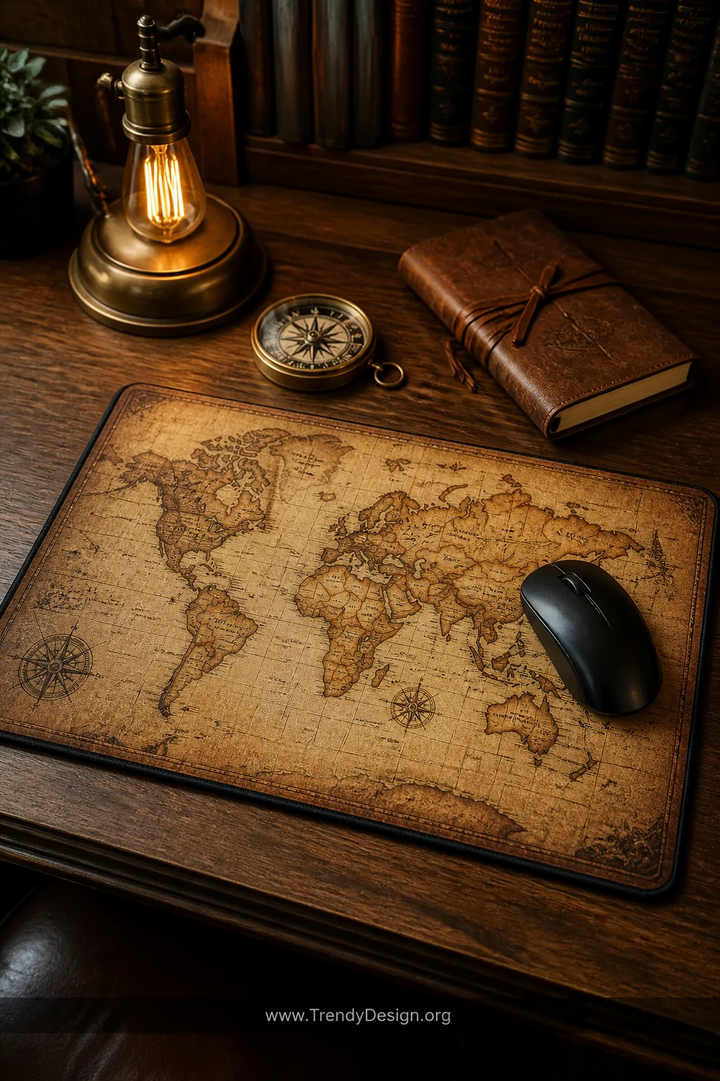 A medium shot of a warm wood-toned desk surface featuring a vintage antique-style world map mousepad in sepia and aged parchm