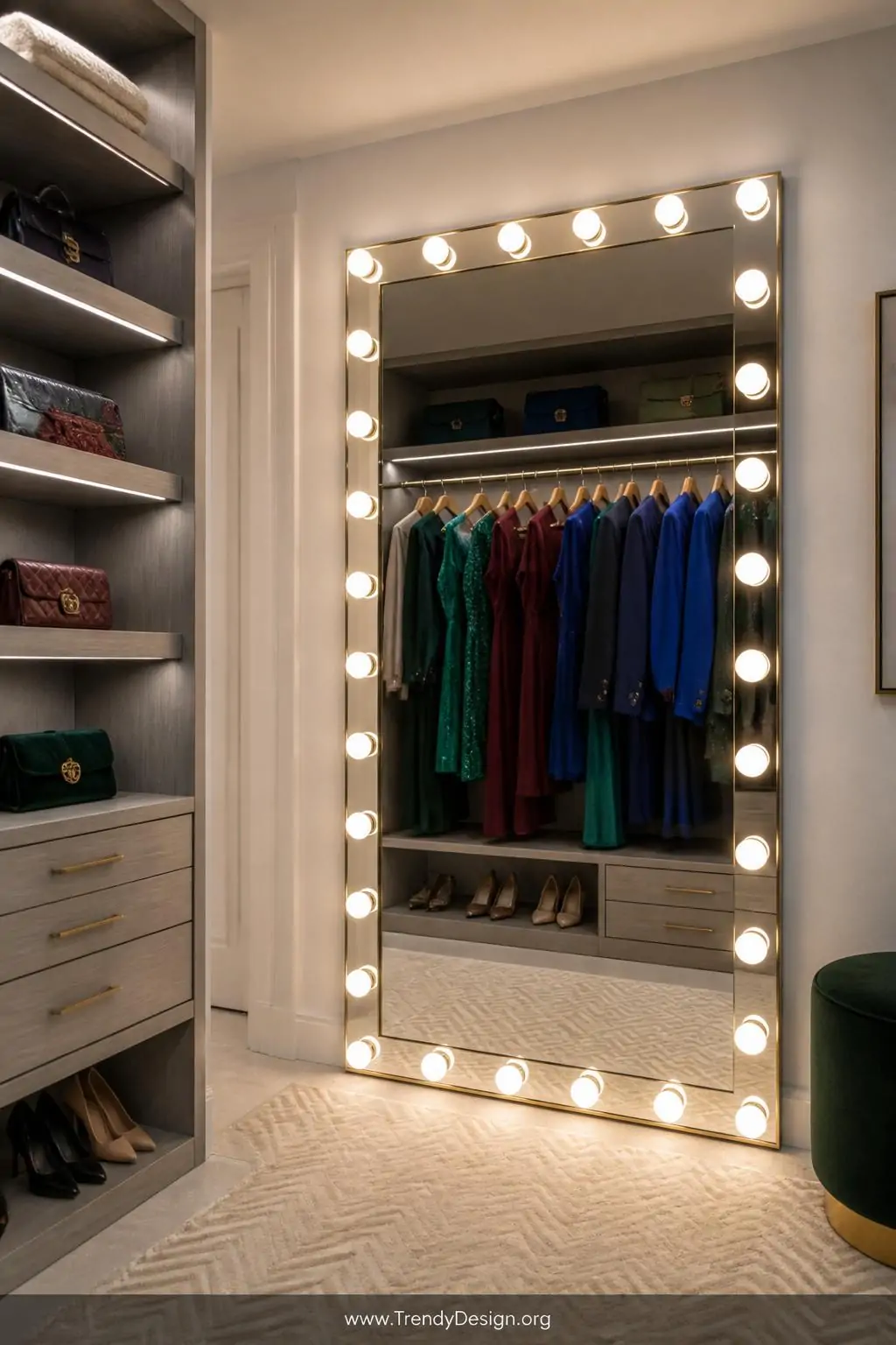 Medium shot of a walk-in closet corner featuring a sleek floor-length mirror with integrated Hollywood-style round bulb surro