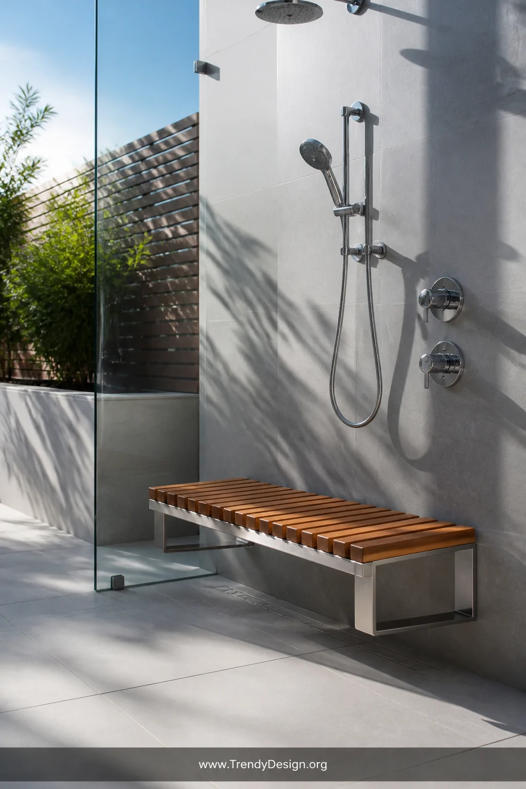 Wide shot of a sleek outdoor shower bench featuring warm teak wood slats mounted on a brushed stainless steel frame, the benc