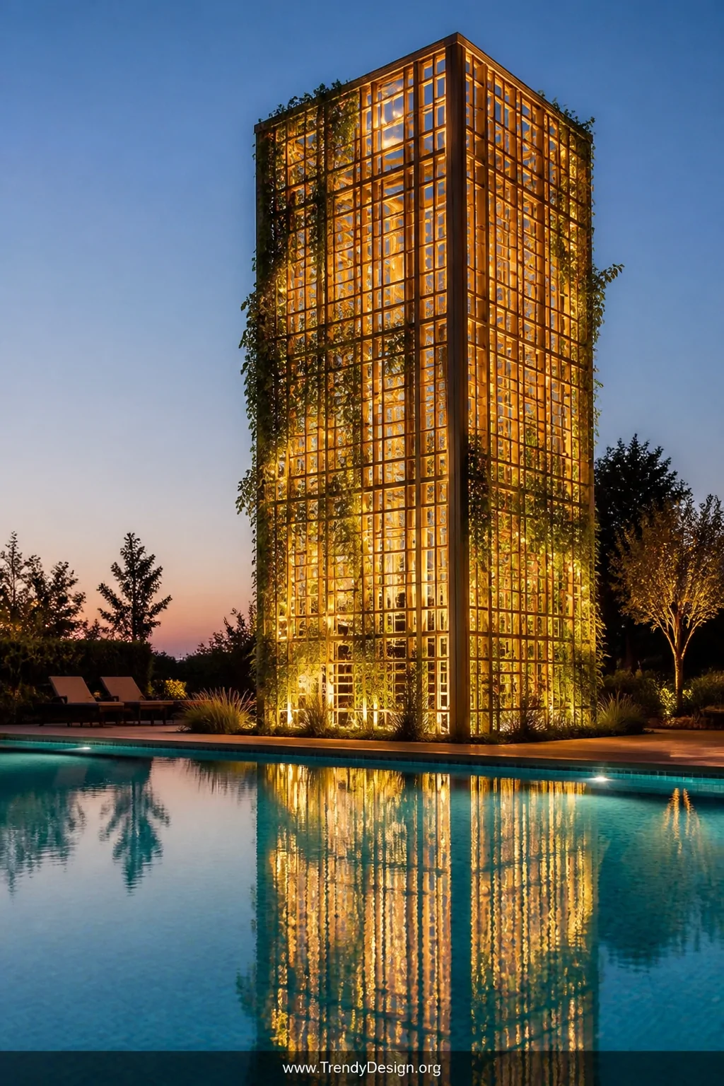 A photorealistic wide evening shot of a tall elegant four-sided trellis tower structure beside a glowing pool, warm white str