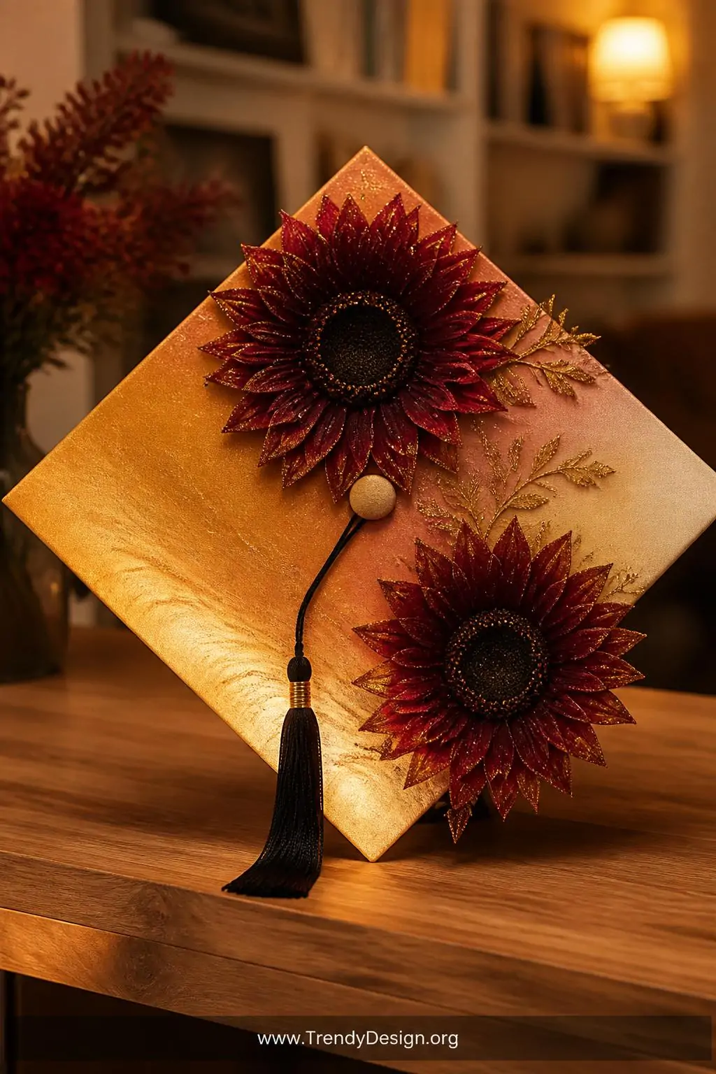 A medium photorealistic styled display of a graduation cap resting on a warm oak surface, the cap background painted in a lum
