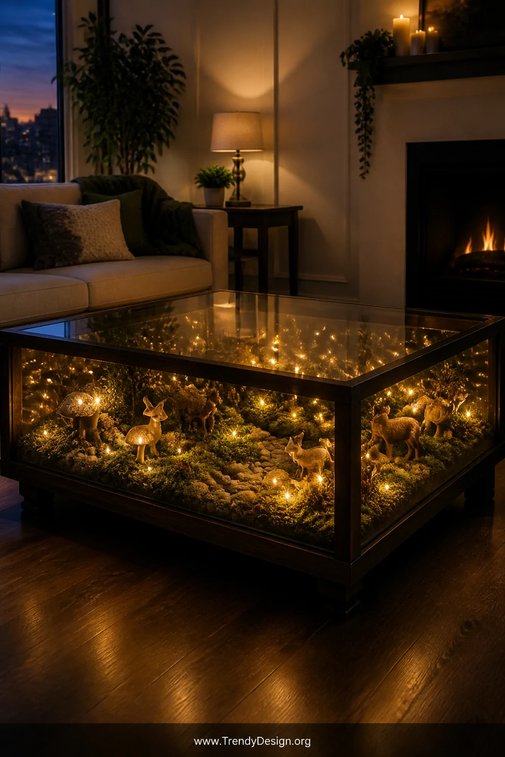 Wide room shot of a cozy living room at dusk featuring a woodland terrarium shadow box coffee table glowing softly with warm