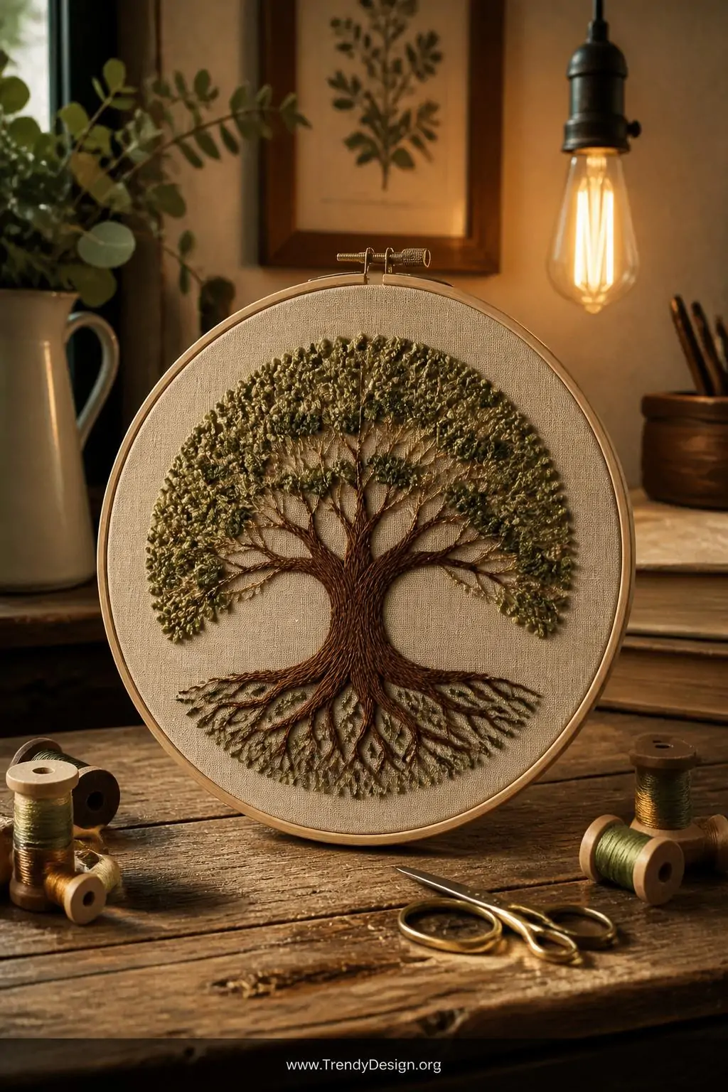 A medium shot of a wooden embroidery hoop featuring a richly textured Tree of Life stitched on natural oatmeal linen fabric, 