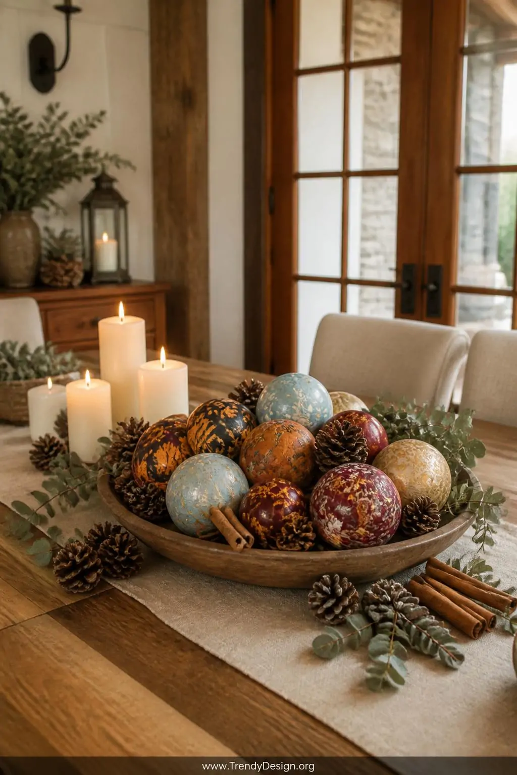 Wide shot of a farmhouse dining table centerpiece featuring a shallow wooden bowl holding a curated collection of seasonal ho