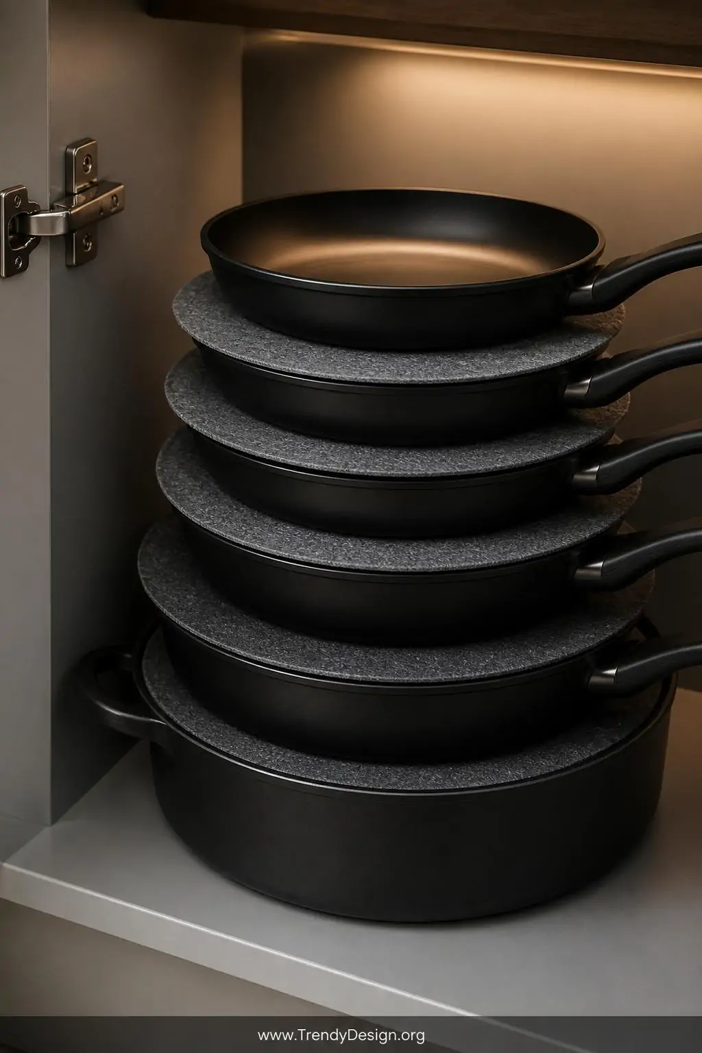Close-up shot of a deep lower cabinet shelf with a neatly nested tower of matte black non-stick pans separated by round charc