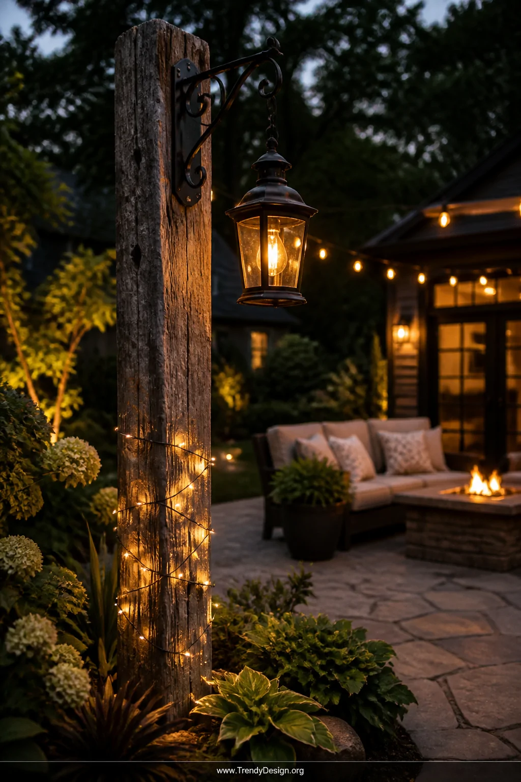 Medium photorealistic exterior evening shot of a backyard patio featuring a weathered reclaimed telephone pole lighting post 