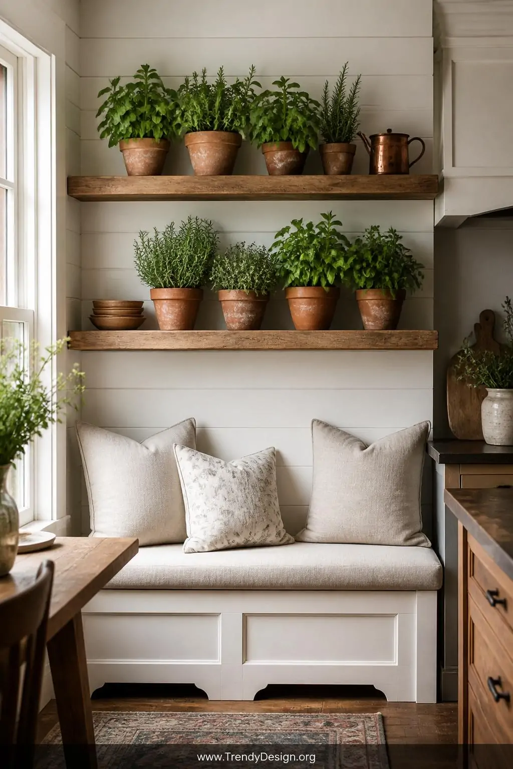 Medium shot of a bright kitchen nook seating area with a white painted wood bench and natural linen cushion positioned beneat