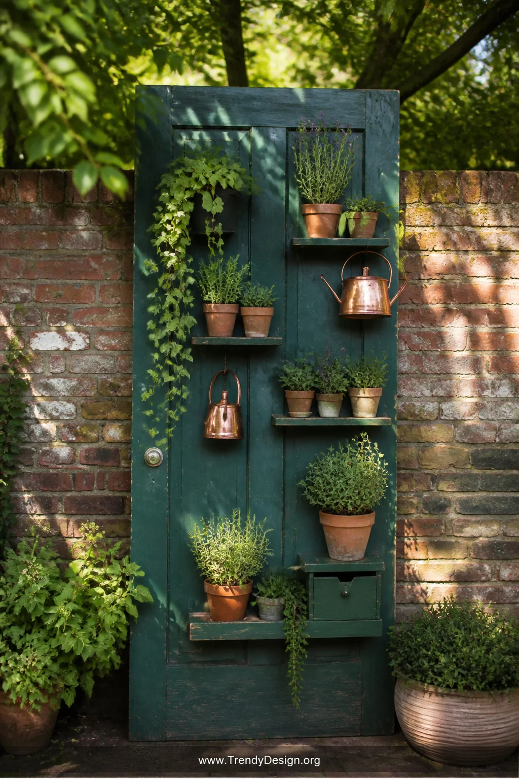 A wide outdoor garden shot of a solid weathered wood door painted in moody dark forest green, propped against a aged brick ga