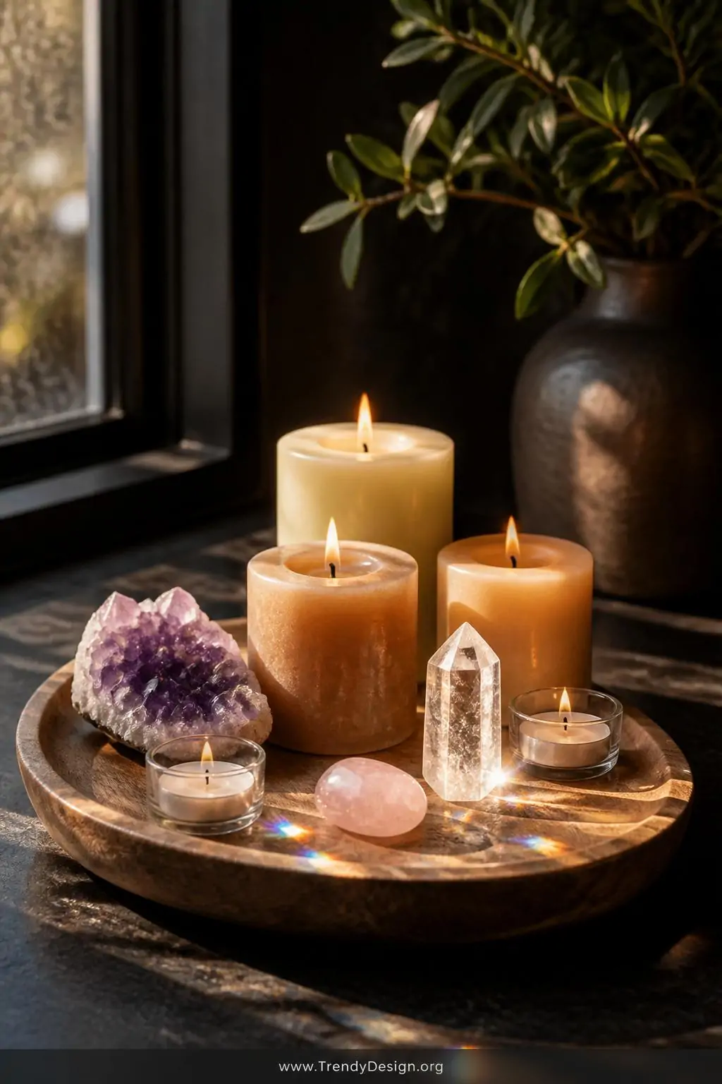 Closeup shot of a moody kitchen windowsill vignette featuring a small oval wooden tray holding three pillar candles in ivory 