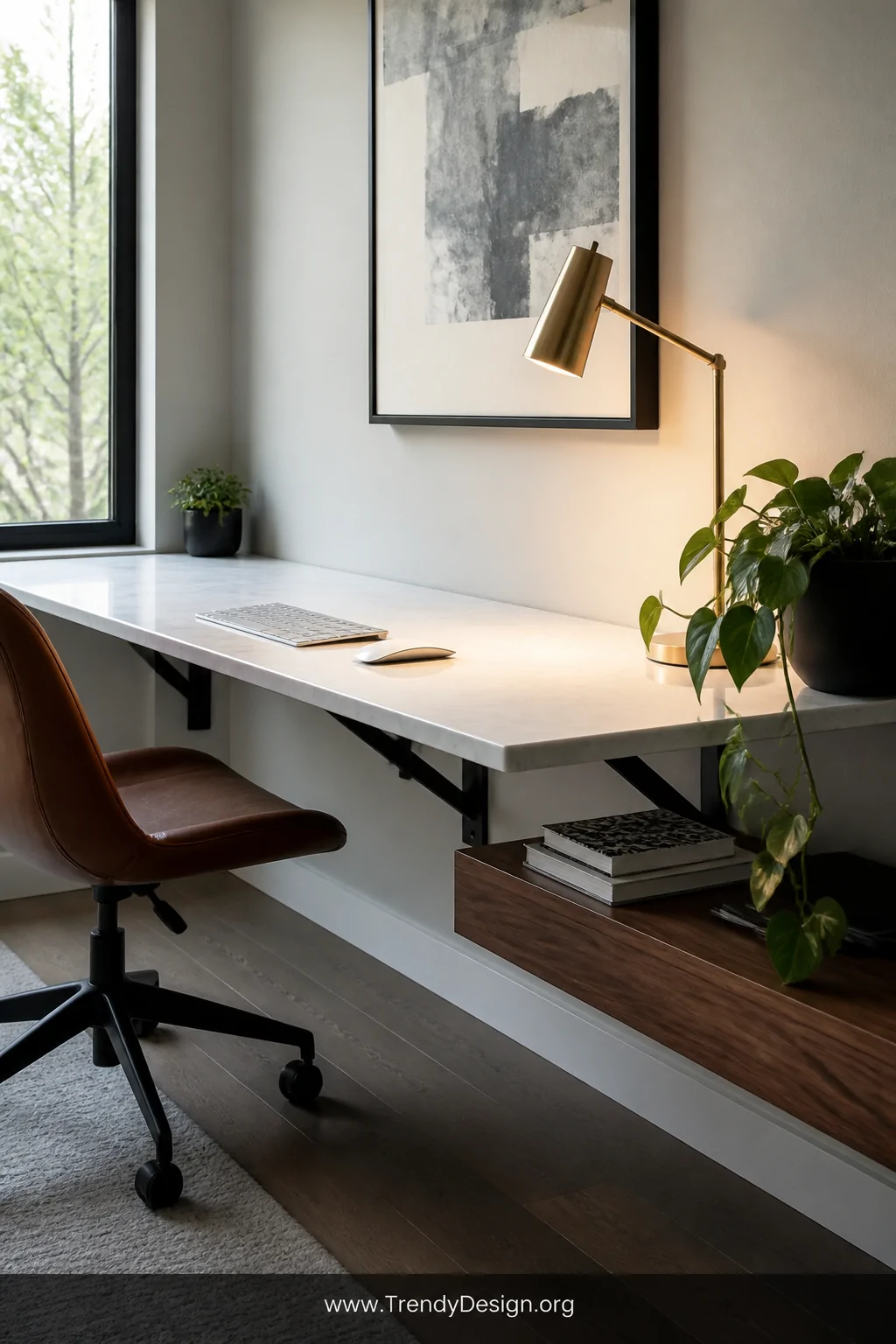 Wide home office shot of a sleek white marble desk surface mounted across matte black metal wall brackets, paired with a warm