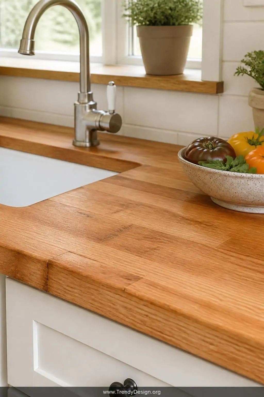 Close-up photorealistic interior design shot of a beautifully patinated FSC-certified maple butcher block countertop with a w