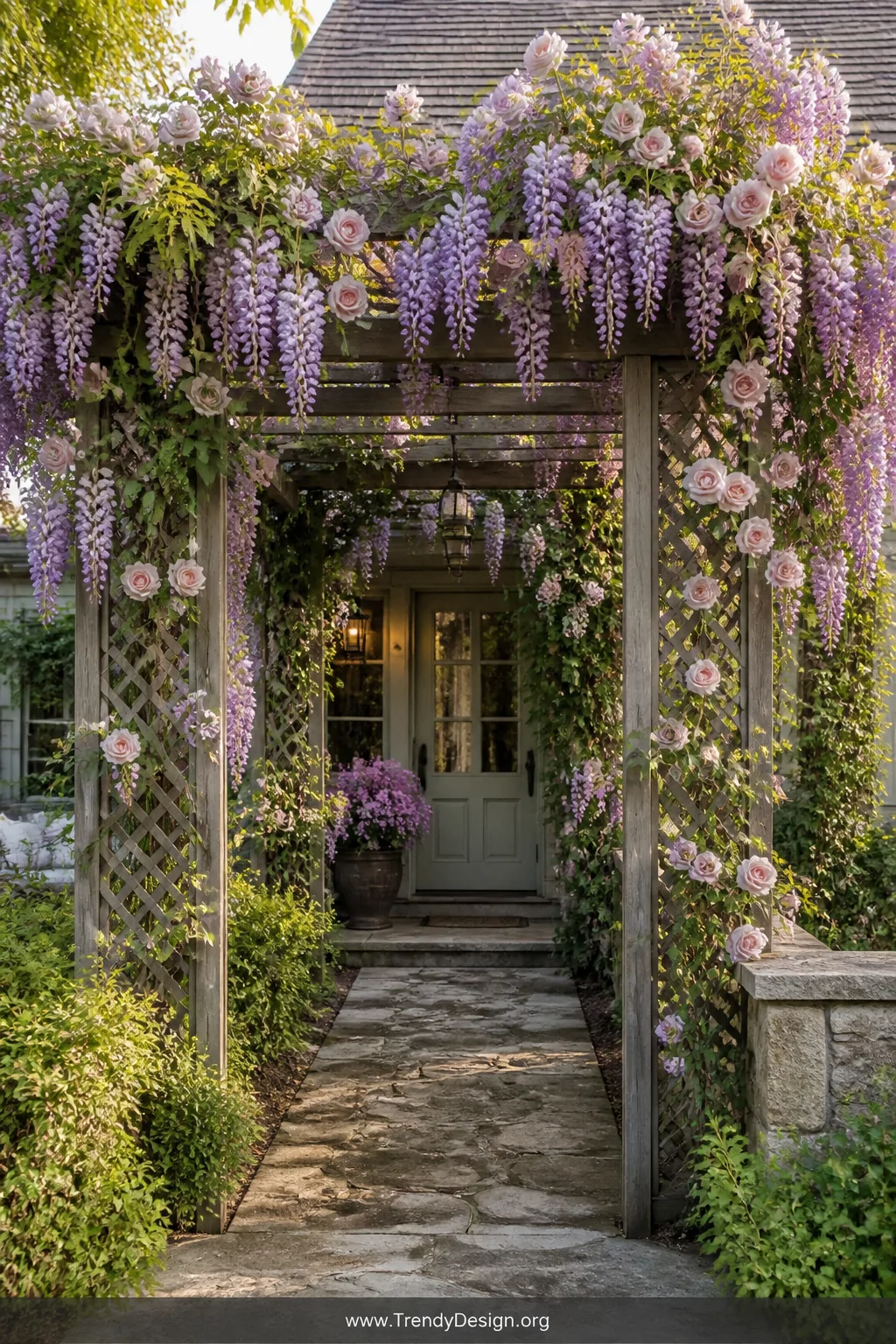Wide shot of a romantic cottage-style front porch where wood beam columns and overhead trellis framework are densely wrapped 