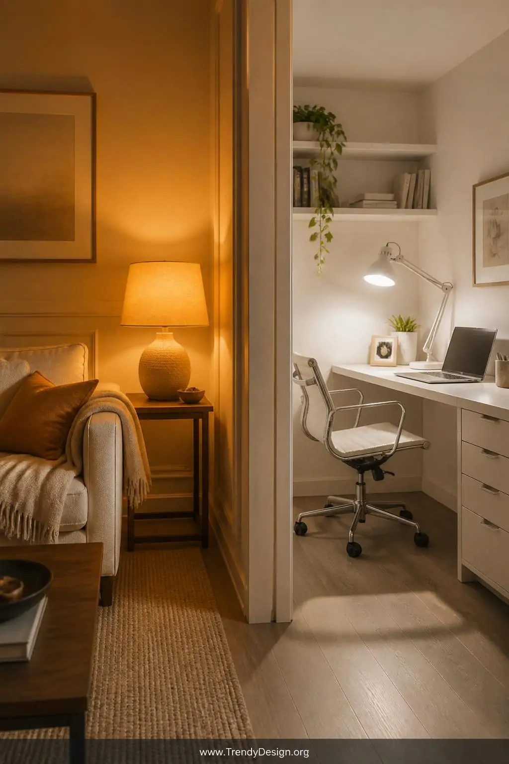 Medium shot of a split-view interior scene showing a cozy living room corner bathed in 2700K warm golden LED light from a lin