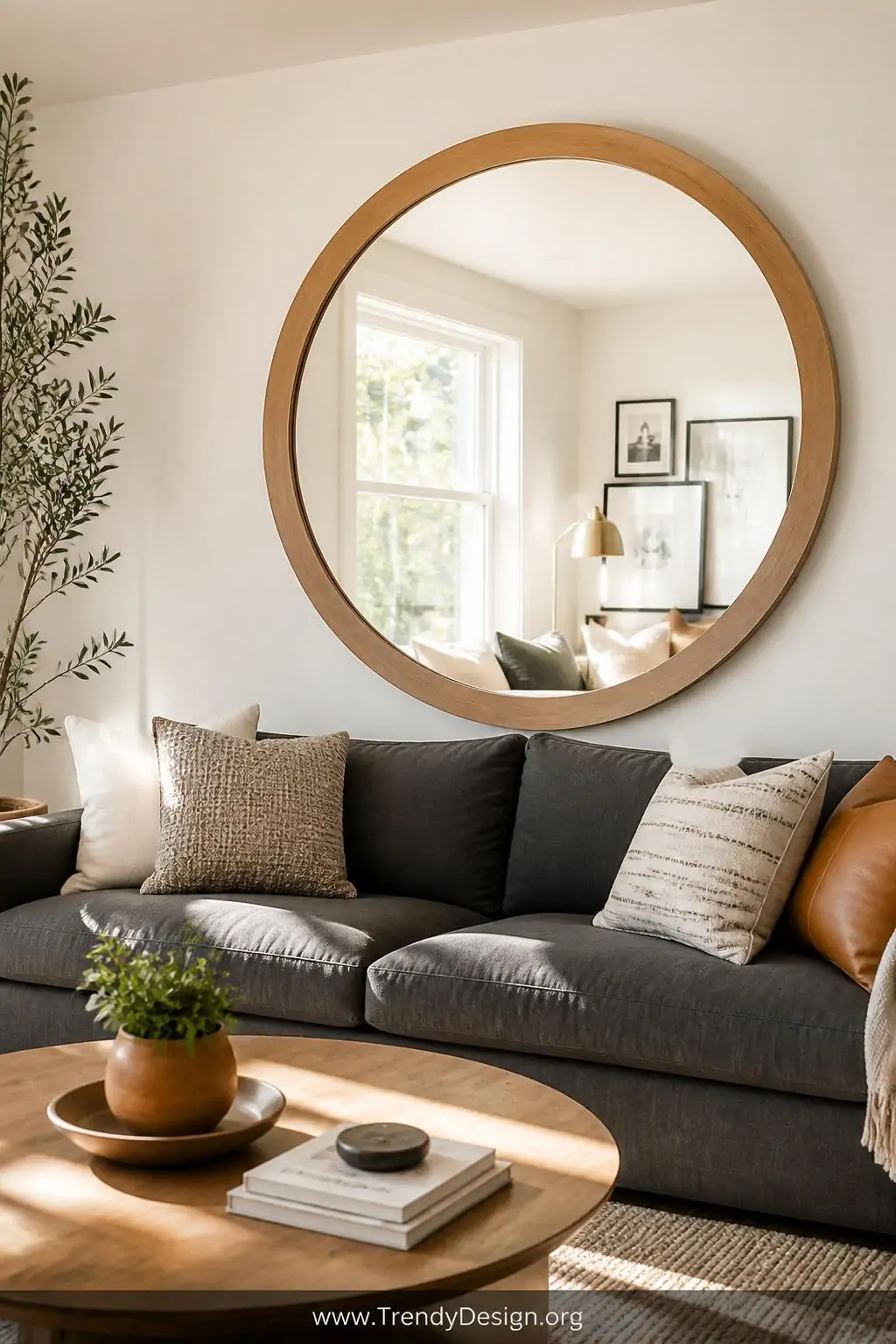 Medium photorealistic interior shot of a neutral living room where a large round statement mirror with a warm natural oak fra