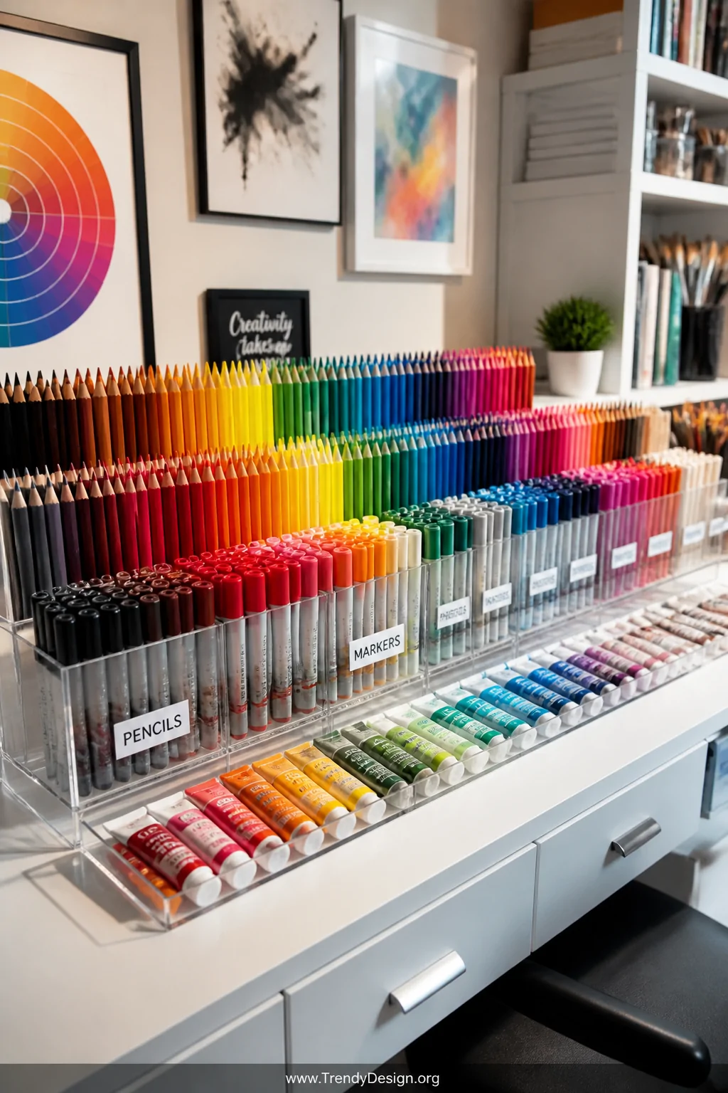 Medium shot of a bright art desk covered in clear acrylic organizers filled with colored pencils, markers, and paint tubes ar