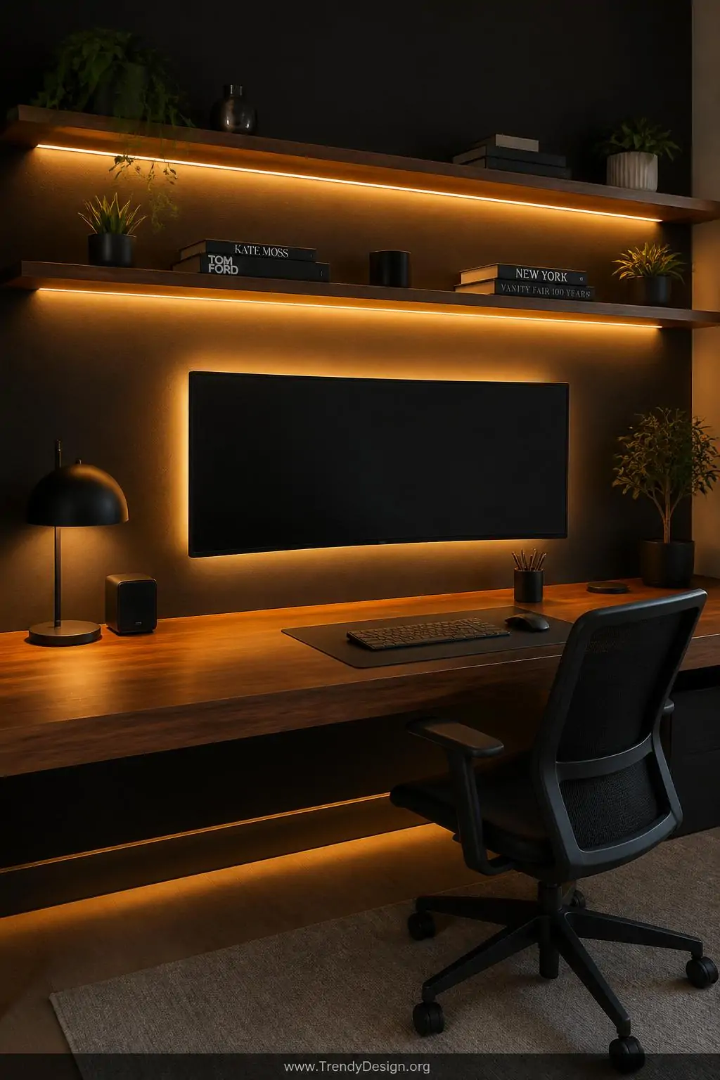 Medium shot of a polished home office with a wide floating walnut desk against a dark charcoal wall, warm amber rope lights m