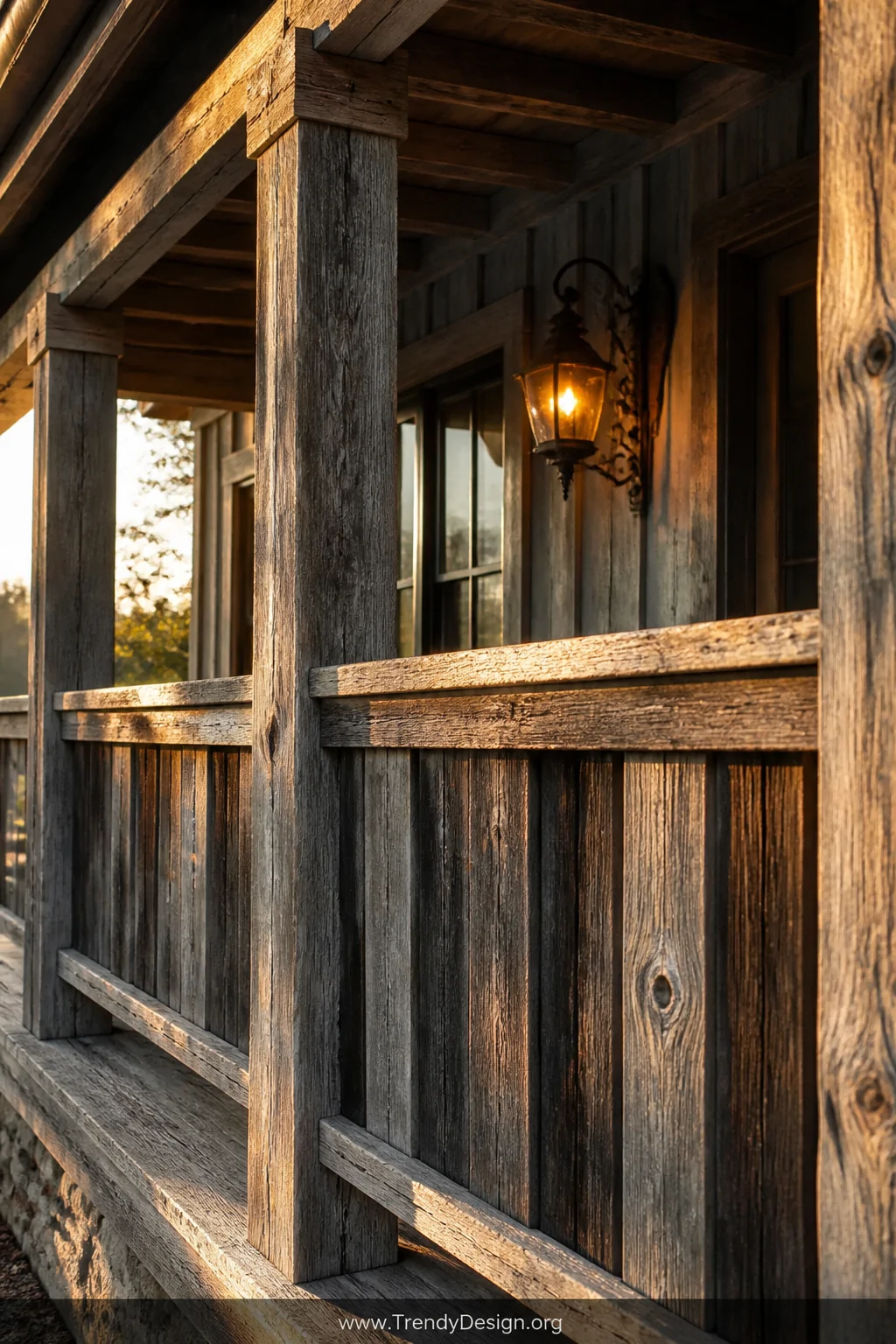 Medium shot of a farmhouse porch railing constructed from reclaimed barn boards and salvaged timber posts in a rich mix of si