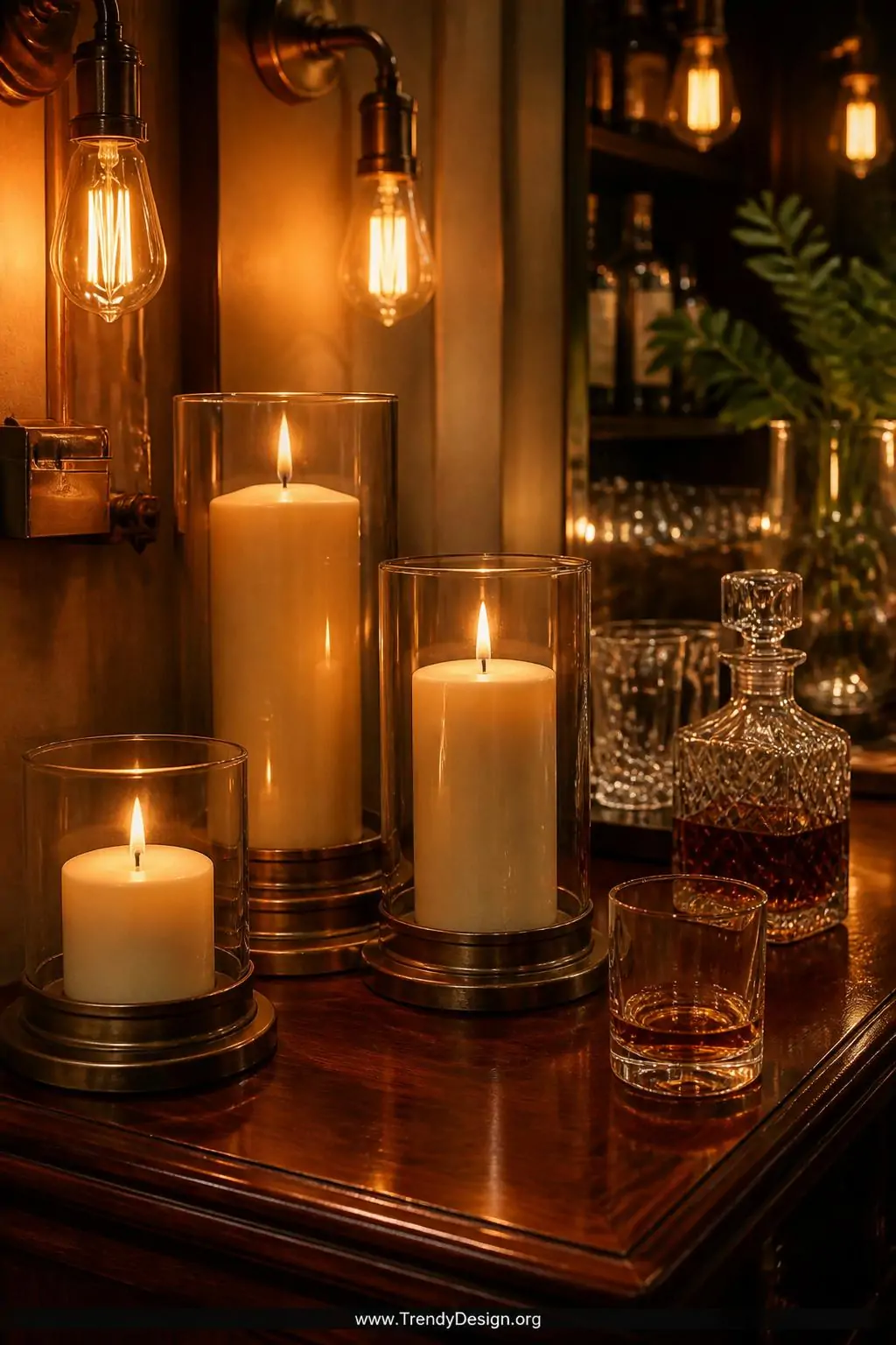 A closeup photorealistic shot of a home bar surface styled with three varying-height pillar candles in thick glass hurricane 