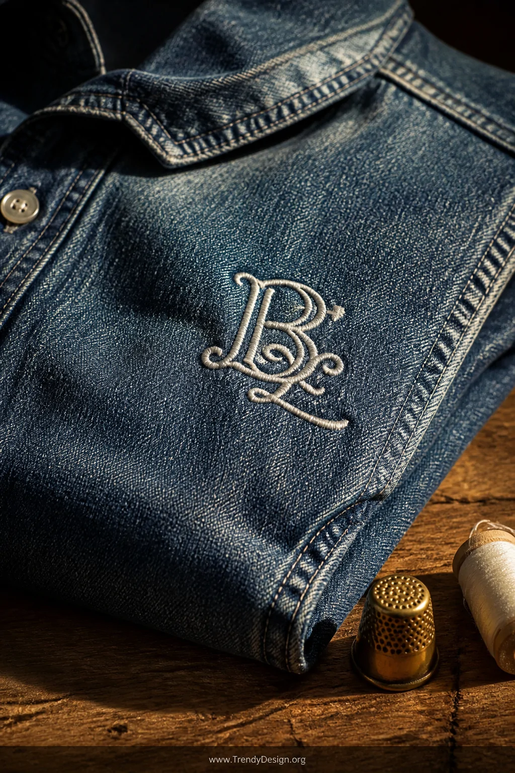 A close-up detail shot of indigo denim shirt fabric folded on a raw oak tabletop, a contrasting white embroidered monogram th