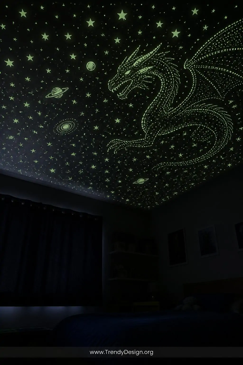 Wide photorealistic interior shot of a child's darkened bedroom ceiling completely covered in an arrangement of glow-in-the-d
