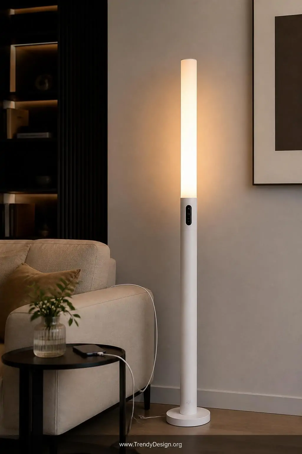A sleek cylindrical smart LED floor lamp in a matte white finish with a minimalist profile stands in a contemporary living ro