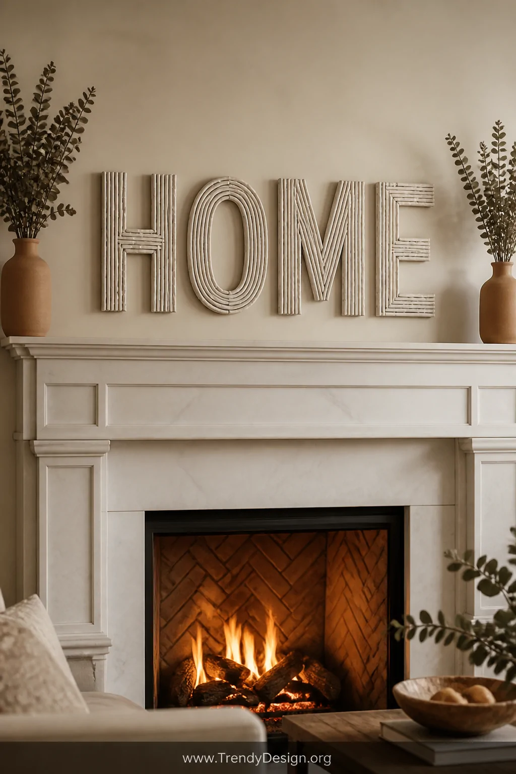 A rustic stick letter sign spelling HOME mounted above a white marble fireplace surround, each letter carefully constructed f