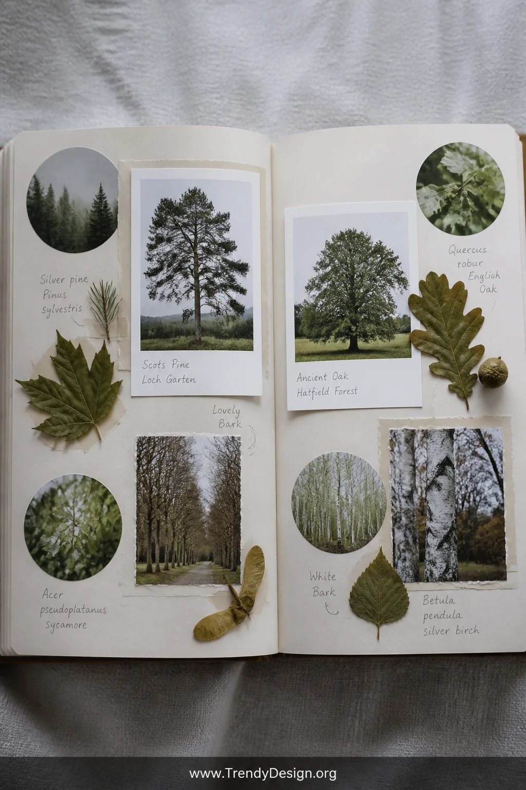 A medium shot of an open scrapbook spread on a grey linen surface layering circular-cropped nature photographs and polaroid-b