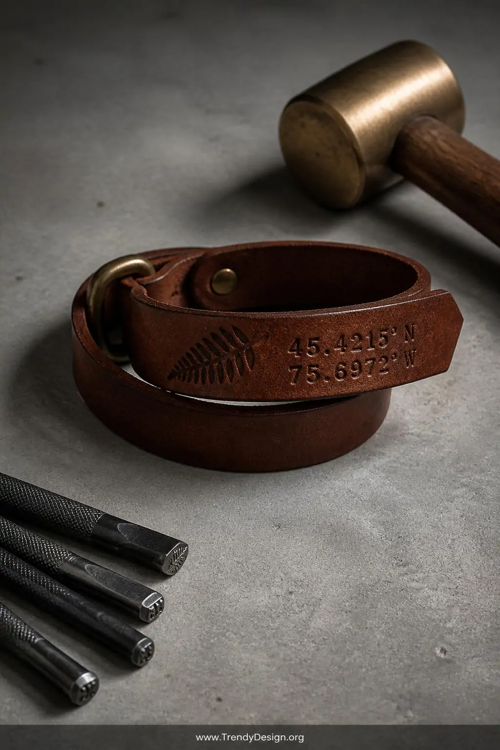 A medium shot presents a dark leather wrap bracelet freshly hand-stamped with fern and coordinate details laid flat on a smoo