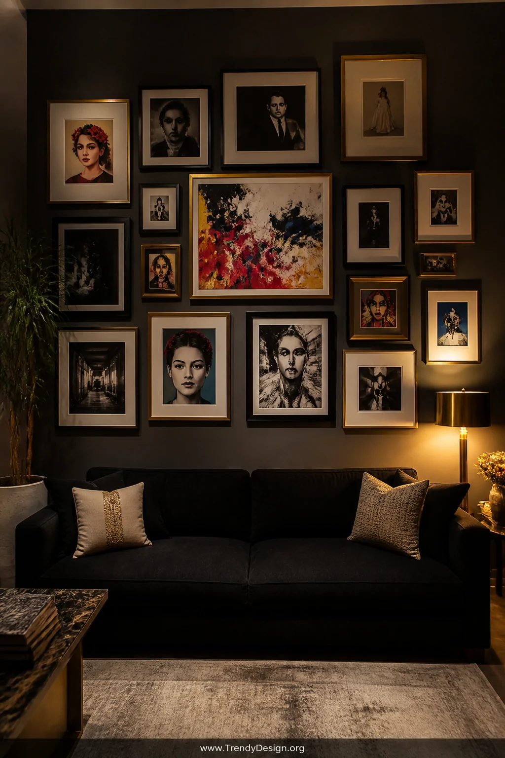 Wide shot of a sophisticated living room with a black sofa positioned directly beneath a floor-to-ceiling gallery wall mixing